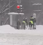 Москва, обстановка из-за «снежного армагеддона» на патрулирование выехала конная полиция.webp